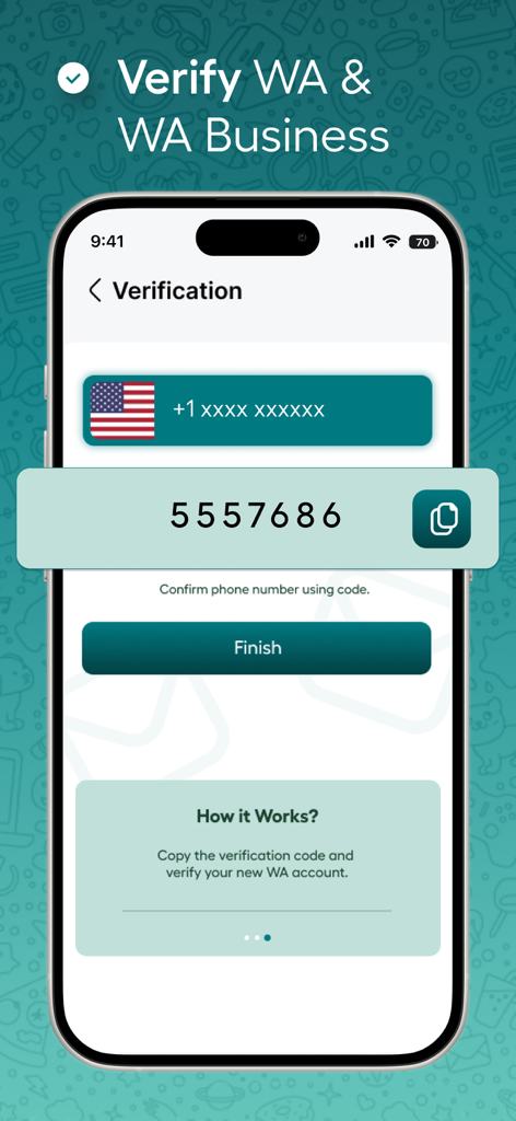 Pantalla de verificación en la aplicación SimWa mostrando un código de seis dígitos para un número de teléfono virtual de Estados Unidos
