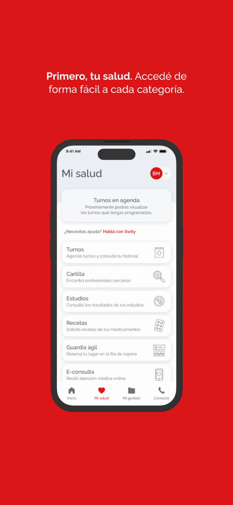 Swiss Medical - Interface de l'application Swiss Medical montrant un menu pour les rendez-vous médicaux, les résultats et les services de télésanté.