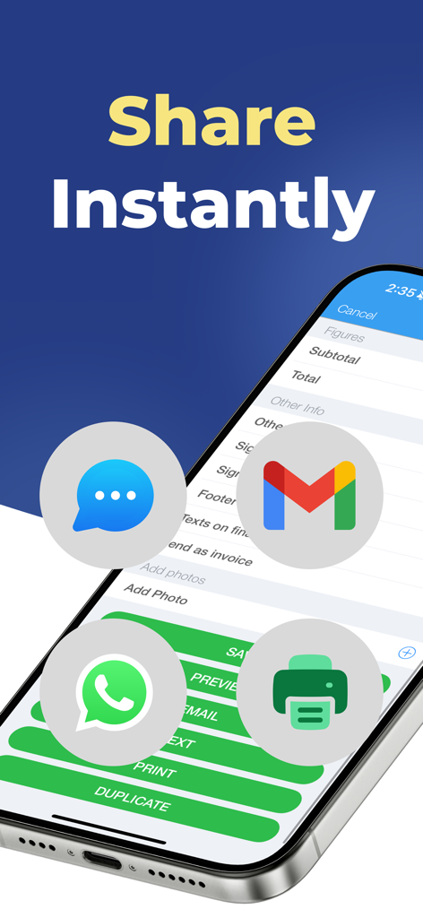Oberfläche eines Mobiltelefons, die Optionen zum sofortigen Teilen von Geschäfts-angeboten per E-Mail, Messaging und drahtlosem Drucken anzeigt.