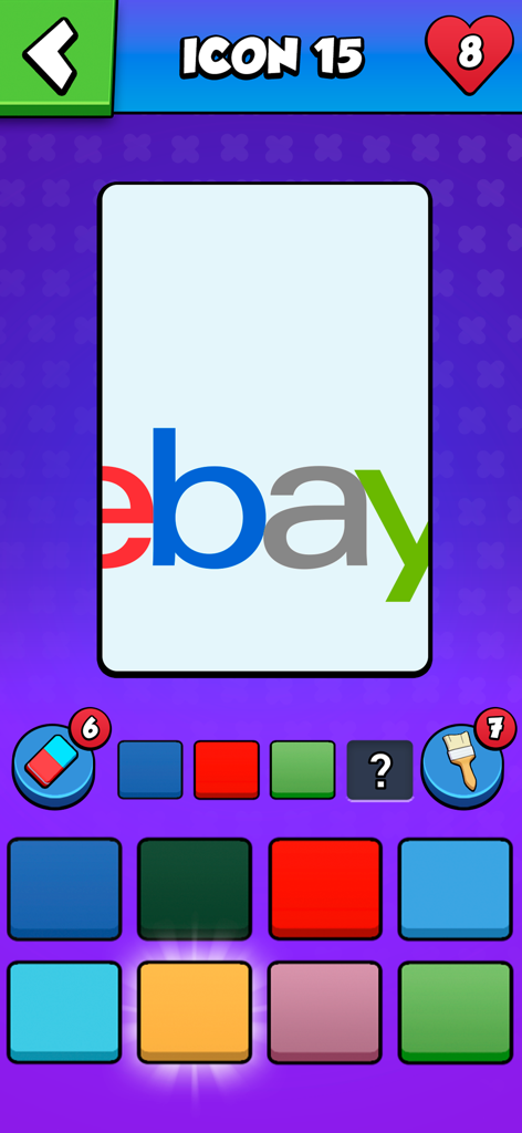 Colormania - Guess the Colors - Gameplay screenshot of Colormania featuring an eBay logo puzzle with color selection buttons.