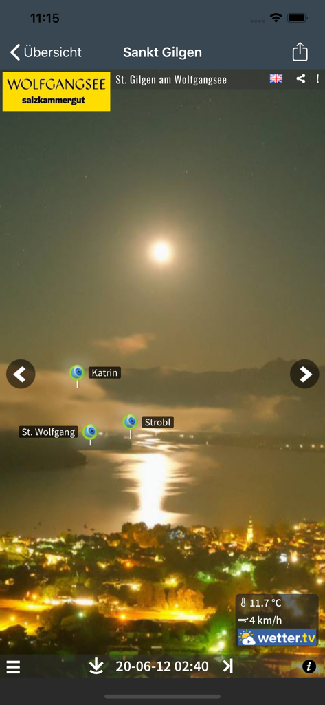 PANOMAX - live 360° webcams - Nighttime high-resolution 360 degree panorama of St. Gilgen at Wolfgangsee featuring a moonlit lake and city lights.