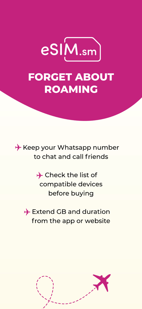 Capture d'écran des fonctionnalités de l'application eSIM.sm montrant comment oublier l'itinérance et conserver votre numéro WhatsApp en voyage