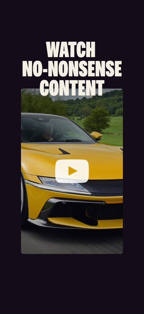 Ein gelber Sportwagen-Videoplayer in der Auto Express-App mit der Schlagzeile Sehen Sie sich sachliche Inhalte an