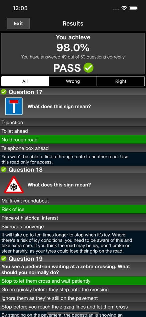Results screen of a UK driving theory mock test showing a ninety eight percent pass score and question review
