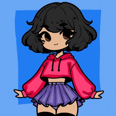 cute femboy with short, fluffy hair that softly frames their face, wearing a cropped hoodie, paired with a flouncy short skirt, and thigh-high stockings