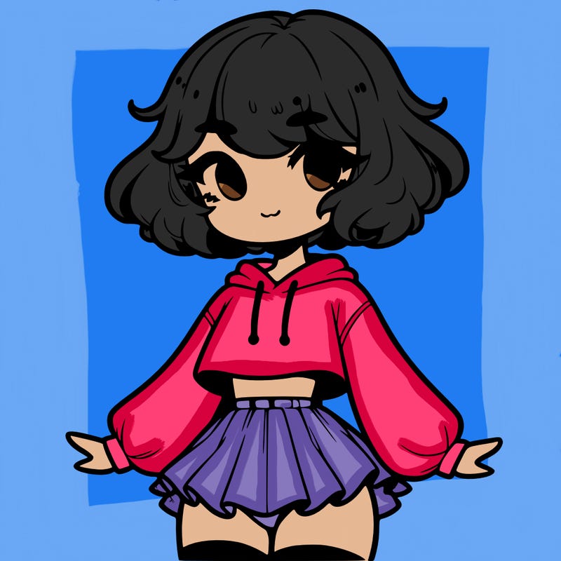 cute femboy with short, fluffy hair that softly frames their face, wearing a cropped hoodie, paired with a flouncy short skirt, and thigh-high stockings