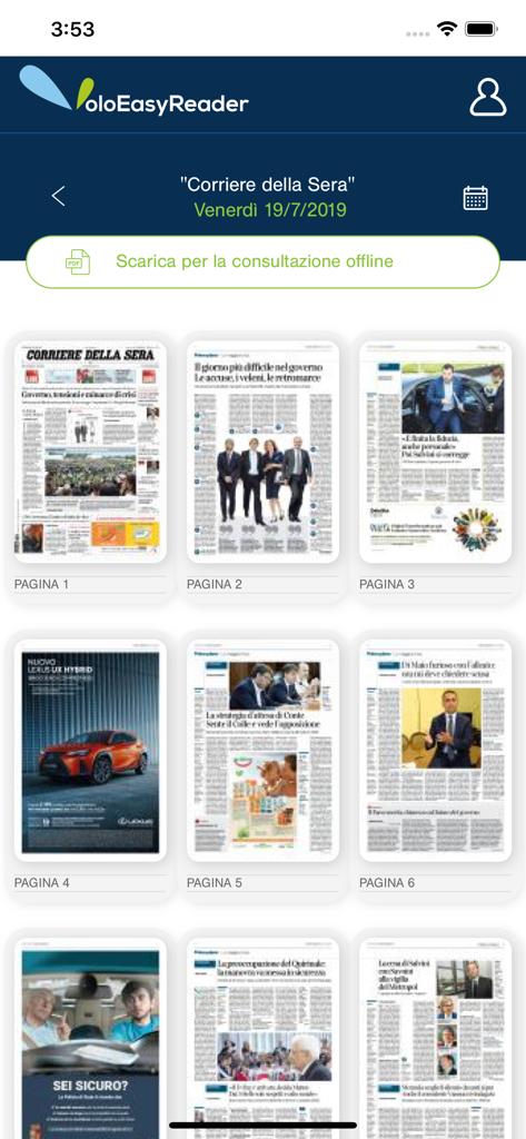 VoloEasyReader app interface showing a grid of pages from the Corriere della Sera newspaper