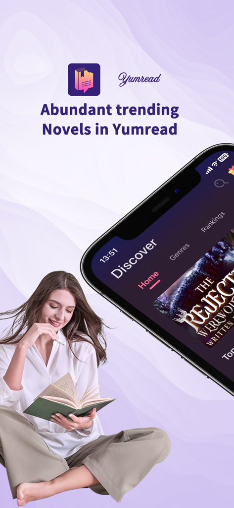 A smartphone screen displaying trending novels in the YumRead app next to a woman reading a book