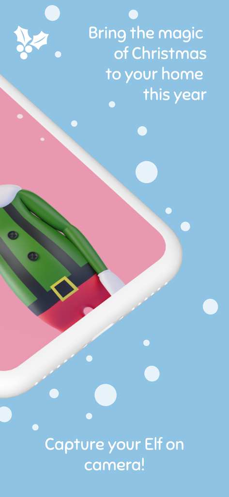 Elf Cam - Santa's elf tracker - A promotional image for the Elf Cam app showing a Christmas elf on a mobile device with holiday-themed text.