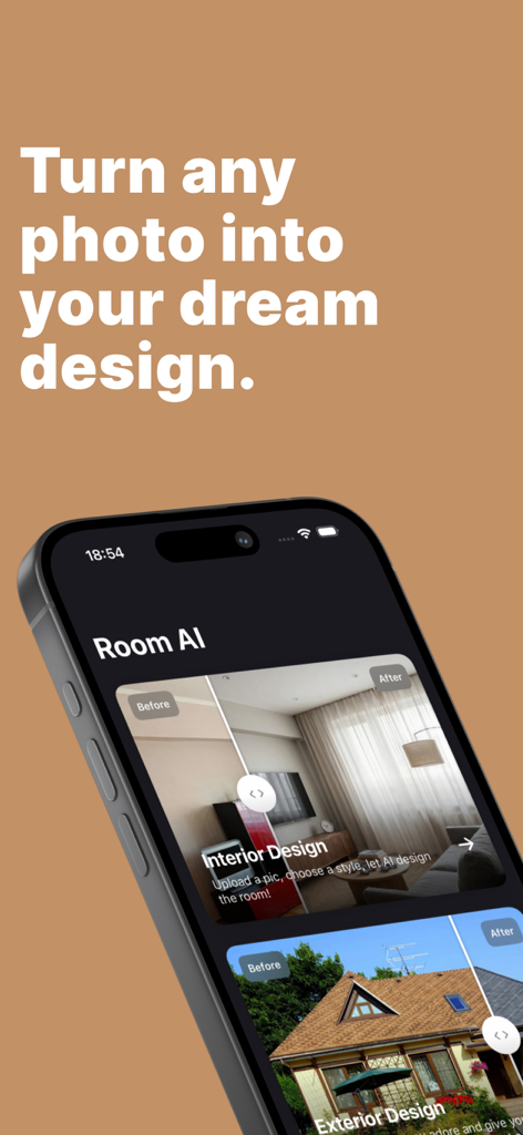 Livable - AI Interior Designer - Smartphone exibindo o aplicativo Livable com transformações de design de interiores e exteriores de casas por IA antes e depois