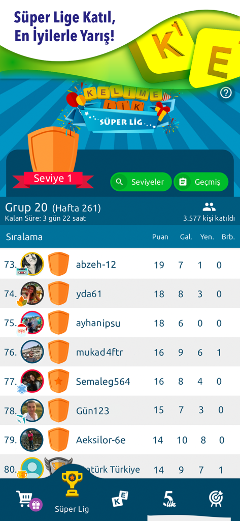 Classement de la Kelimelik Super League affichant les classements et les scores des joueurs