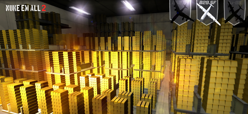 Nuke Em All 2 - A high security vault filled with stacks of gold bars featuring military bomber plane icons in the mobile game Nuke Em All 2.