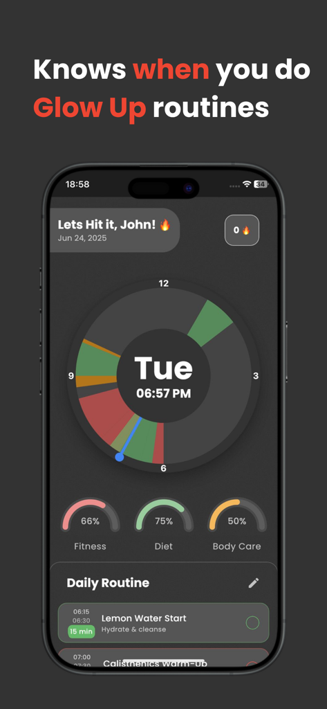 UGlow: GlowUp Boost Confidence - UGlow app interface showing a daily glow up routine schedule with progress trackers for fitness diet and body care