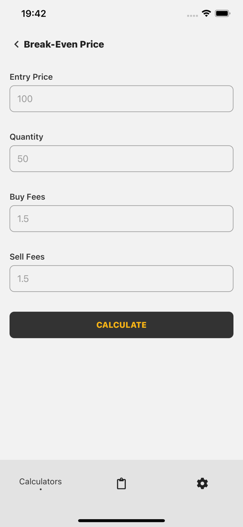 Trading Calculator+ - Break even price calculator interface in Trading Calculator app