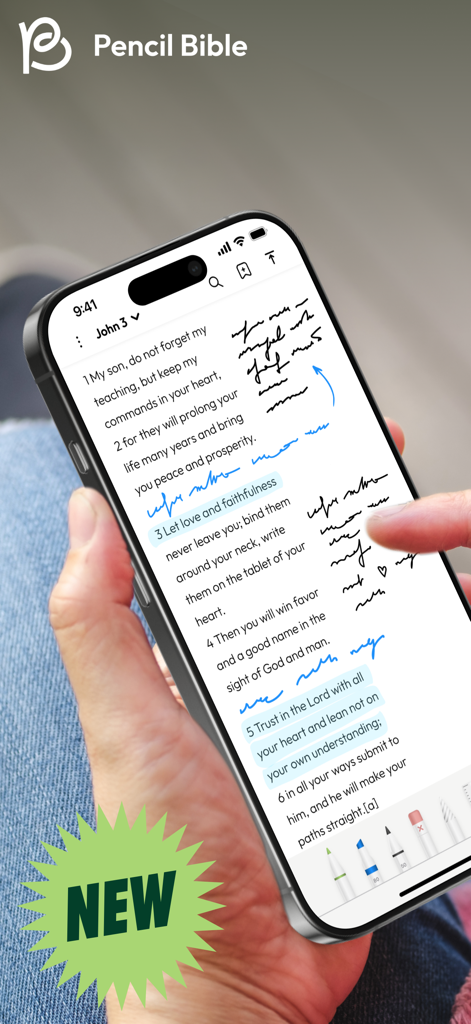 Pencil Bible: Bible Notes App - A hand holding an iPhone showing the Pencil Bible app with handwritten notes and highlights on scripture