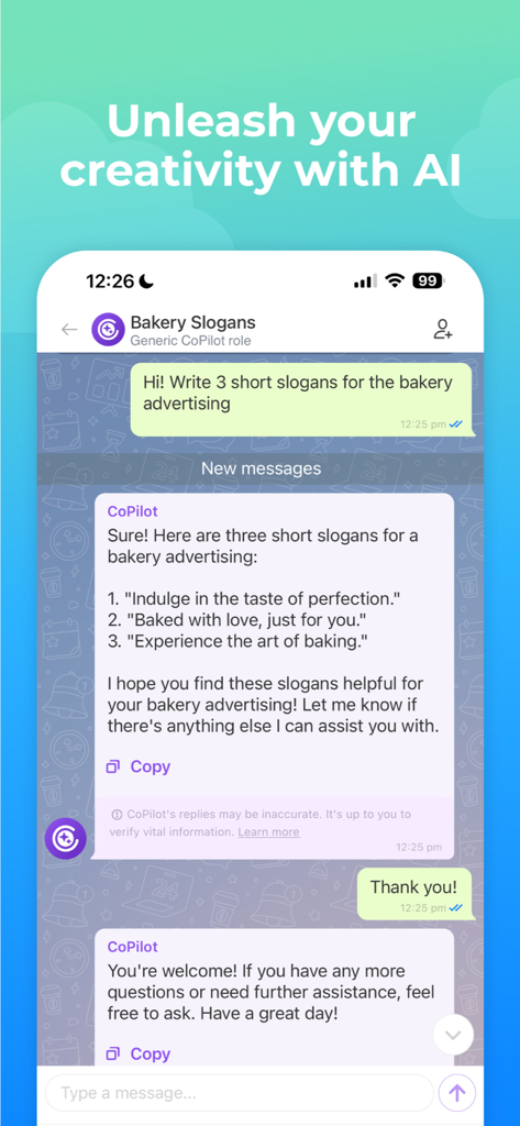 Interfaz de la aplicación móvil Bitrix24 mostrando AI CoPilot generando eslóganes de marketing para una panadería