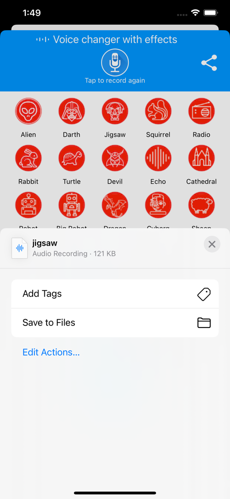 Voice Changer With Echo Effect app interface showing voice presets and export options