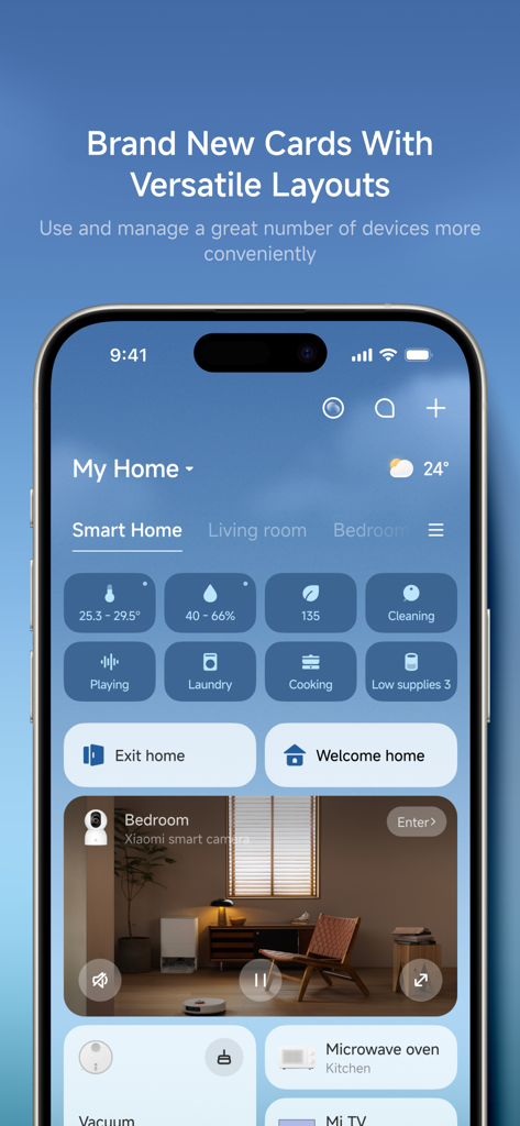 Xiaomi Home app interface showing a smart home dashboard with device control cards and a live security camera feed