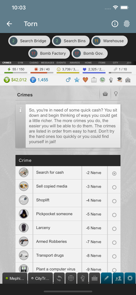 Torn PDA - Torn PDA app crimes menu with nerve costs and quick actions