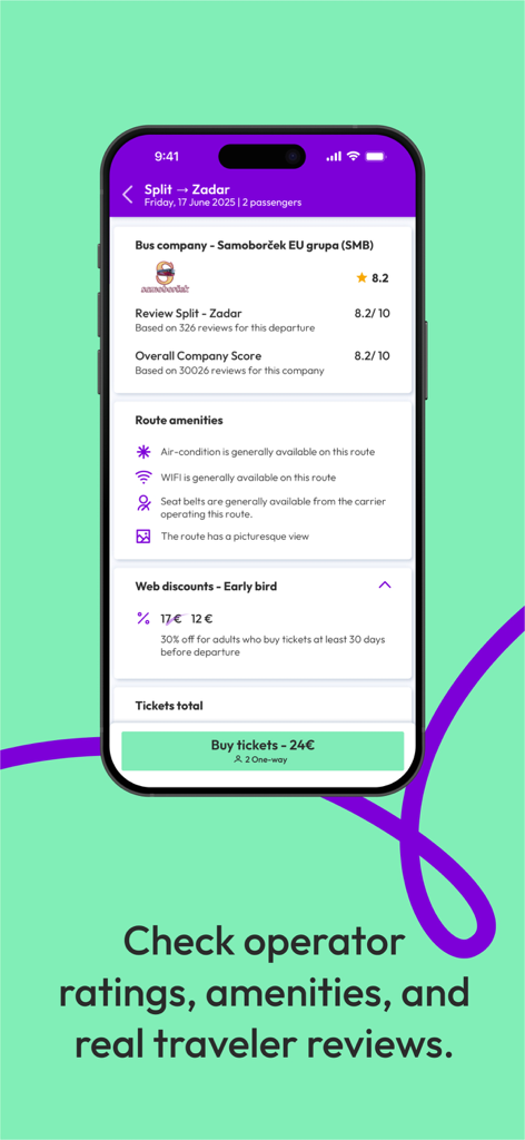 Traveling.com - Traveling.com app interface showing bus carrier ratings amenities and ticket prices