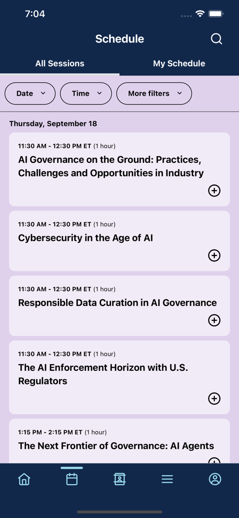 IAPP Events - La pantalla del calendario de Eventos IAPP que enumera sesiones profesionales sobre IA y privacidad de datos