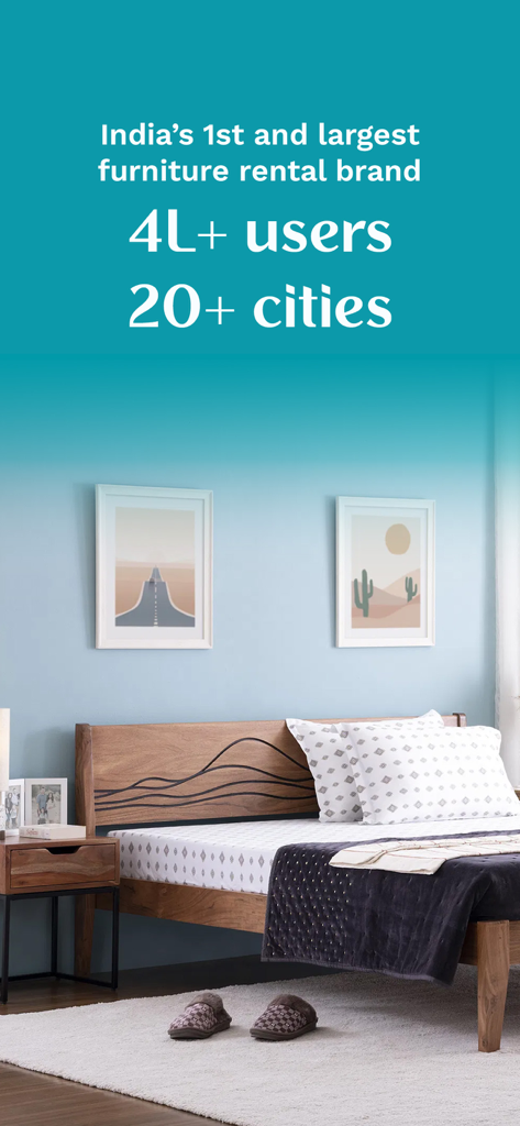 Furlenco - Una camera da letto moderna con una struttura letto in legno e un tavolino del servizio di noleggio mobili Furlenco