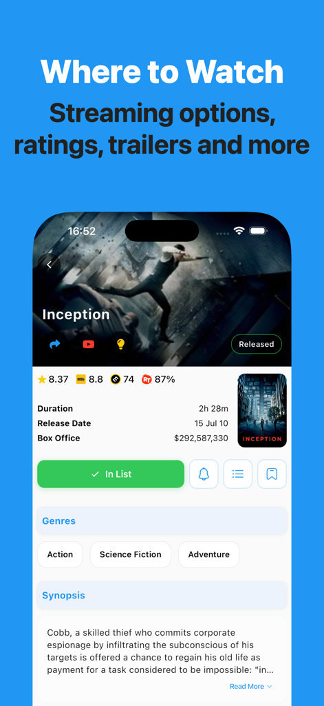 Watchlistfy: Track & Discover - Watchlistfy movie details page for Inception featuring ratings streaming info and synopsis