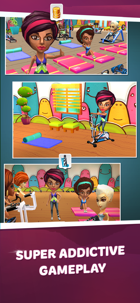 Tres capturas de pantalla del juego que muestran a personajes haciendo ejercicio en una colorida sala de fitness 3D en el juego móvil Dream Gym.