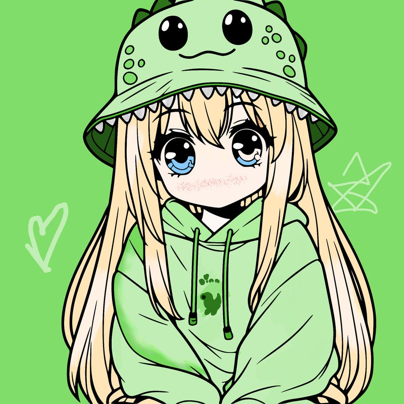girl with anime shaped eyes with a dinosaur bucket hat oversized sweatshirt long straight hair