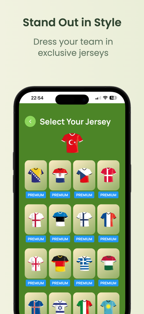 Lineup Builder Pro - Interfaz móvil para seleccionar camisetas de fútbol internacionales premium para personalizar una alineación de equipo.