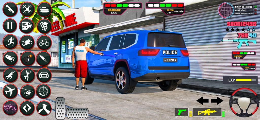 US Police Car Transport Game - A gameplay screen from US Police Car Transport Game showing a character entering a blue police SUV with various action icons
