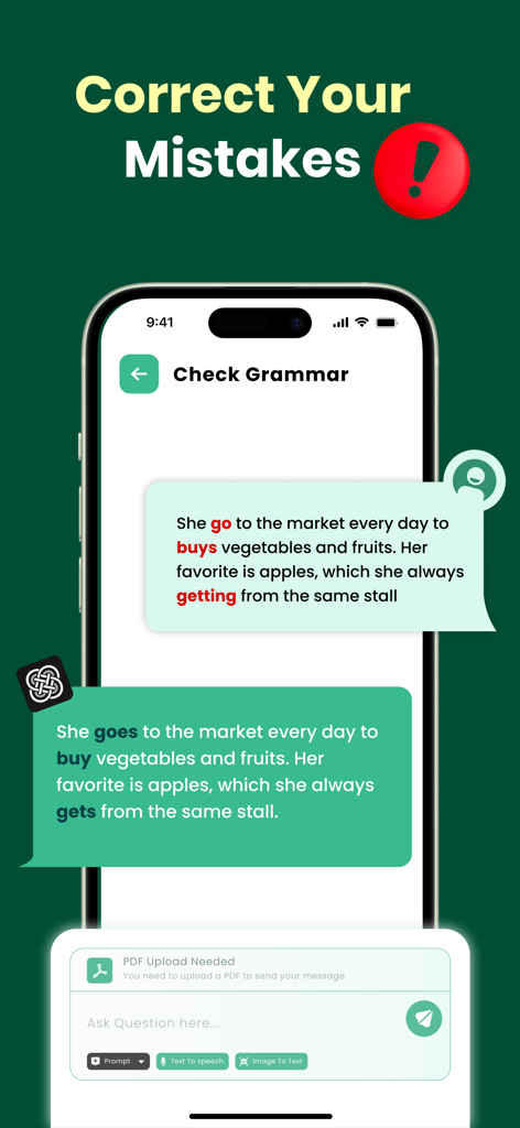 AI Chat & AI Chatbot Assistant - Una interfaz móvil de la aplicación AI Chatbot que muestra una oración siendo corregida por errores gramaticales.