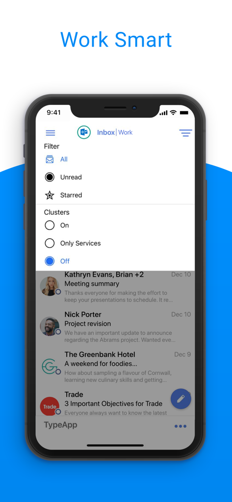 TypeApp Email, Mail & Exchange - Interfaccia dell'app email TypeApp che mostra filtri della casella di posta di lavoro e opzioni di cluster intelligenti su un iPhone