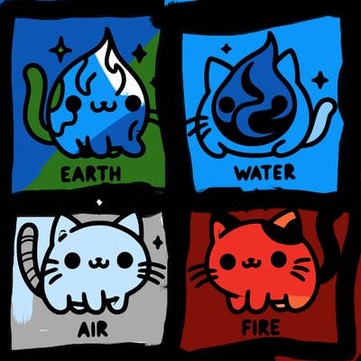4 cats that represent the different elements, earth, water, air, and fire