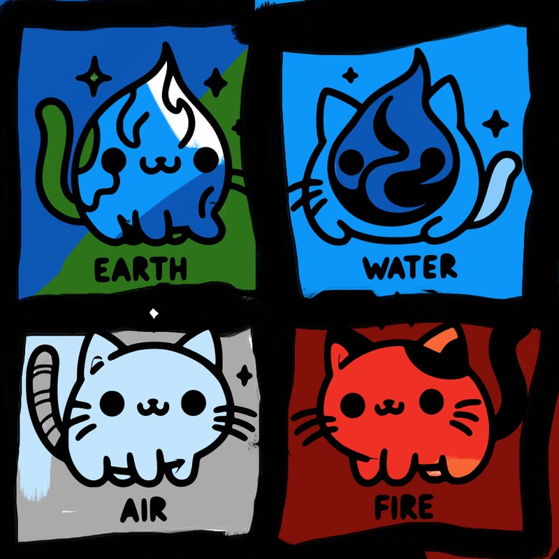 4 cats that represent the different elements, earth, water, air, and fire