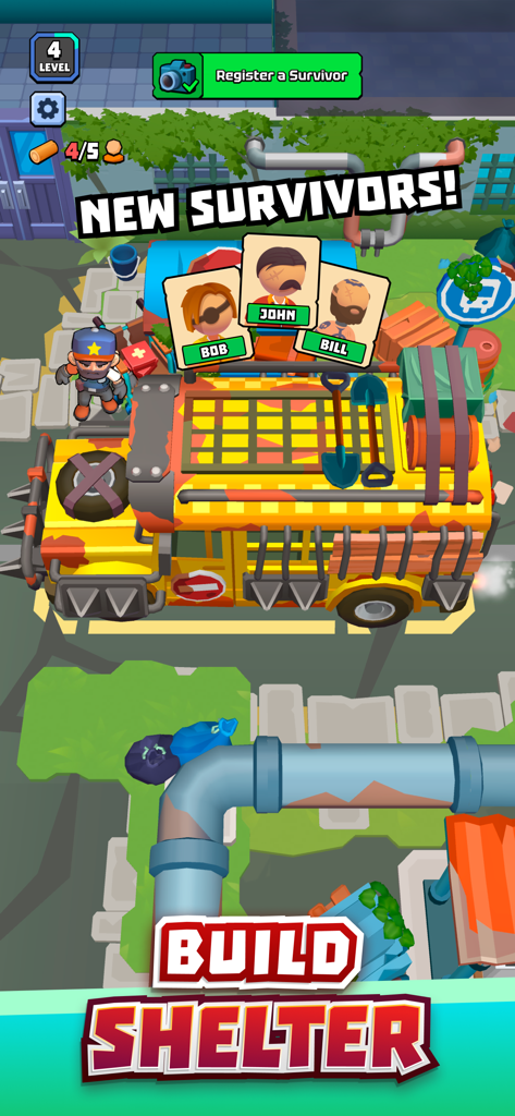 An armored yellow bus in the Lost Prison game showing new survivors Bob John and Bill ready to be registered.