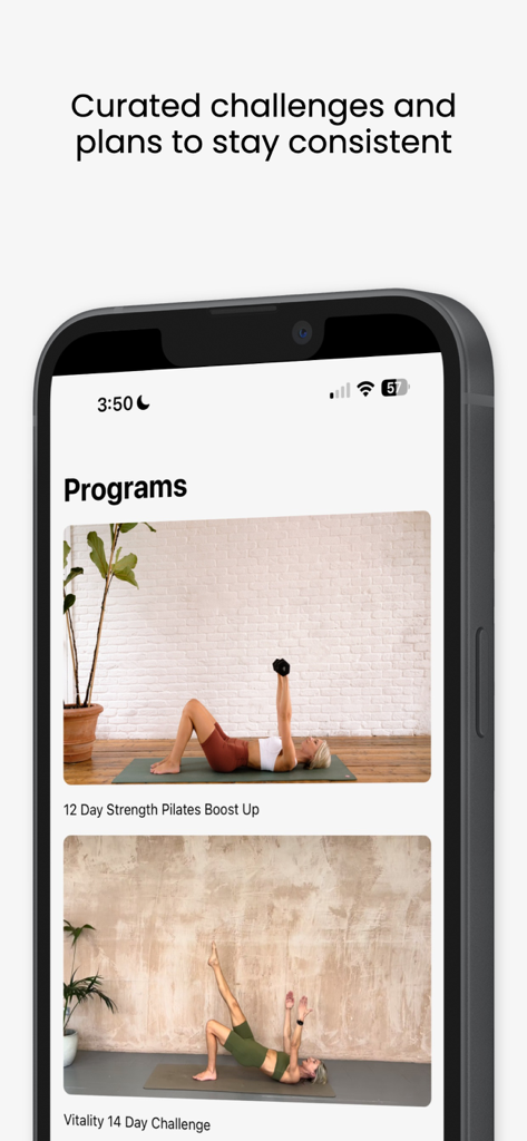 A mobile interface of Shape Pilates London displaying curated workout programs and consistency plans