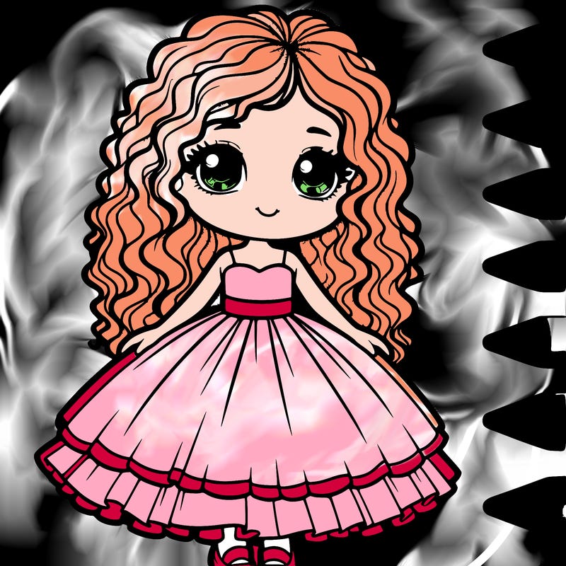 a girl with curly hair and blue eyes a pretty big dress