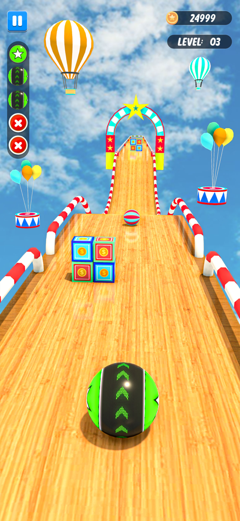 Going Balls Rollance Sky Game - Jugabilidad de una bola rodando en una pista de madera en el cielo con globos aerostáticos y obstáculos.