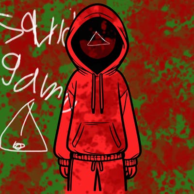 faceless girl in a tracksuit with a hood on and no hair