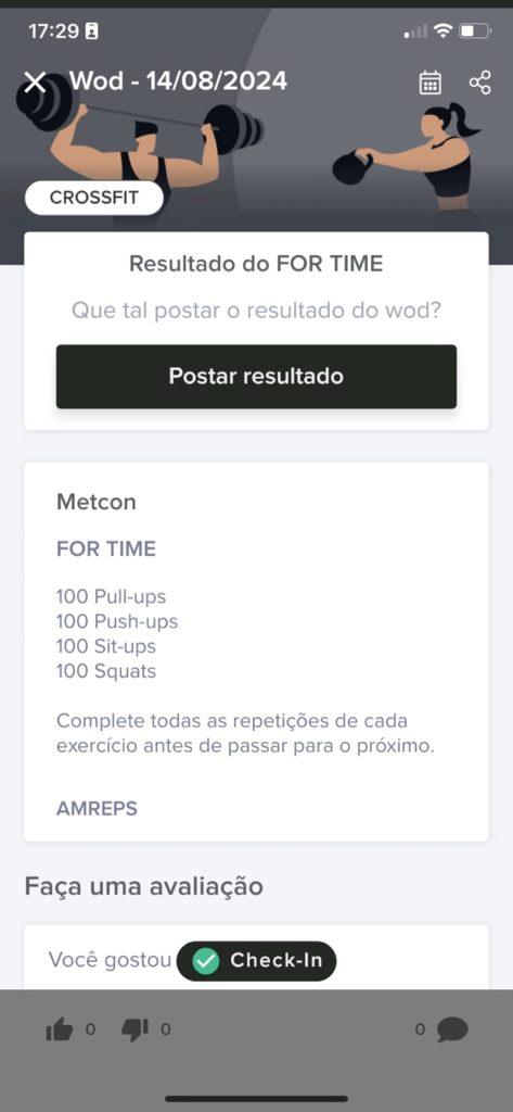 Tecnofit Box - Interface do aplicativo Tecnofit Box mostrando um treino de CrossFit do dia com uma lista de exercícios