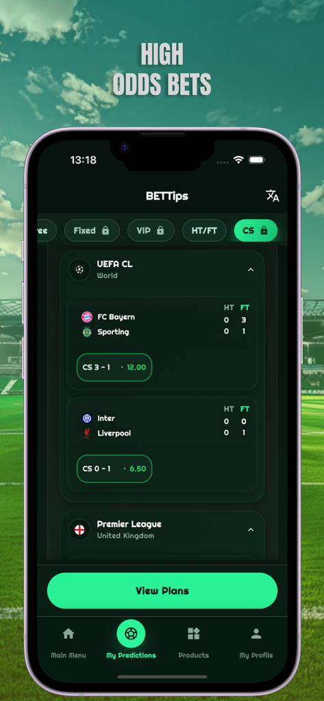 BETTIPS app interface showing football betting predictions with high odds for UEFA Champions League matches.
