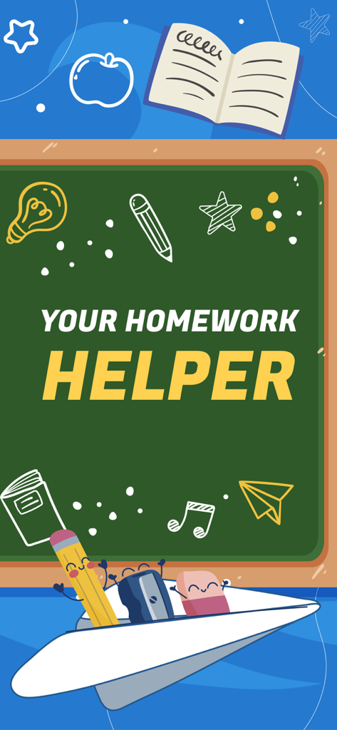 Promotional banner for Right Answer AI Solver App featuring school-themed illustrations and the text Your Homework Helper on a chalkboard background