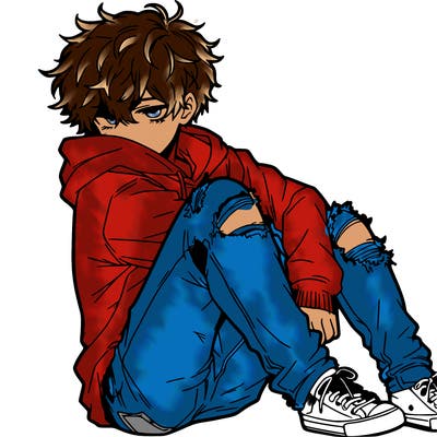 a male hoddie ripped jeans messy hair anime