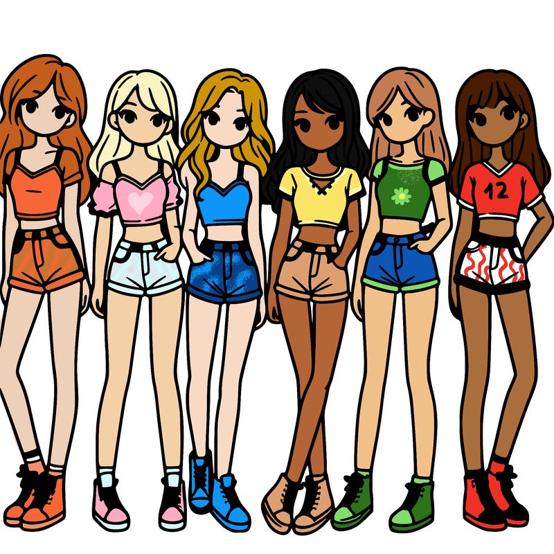 a group of girls wearing crop tops and shorts