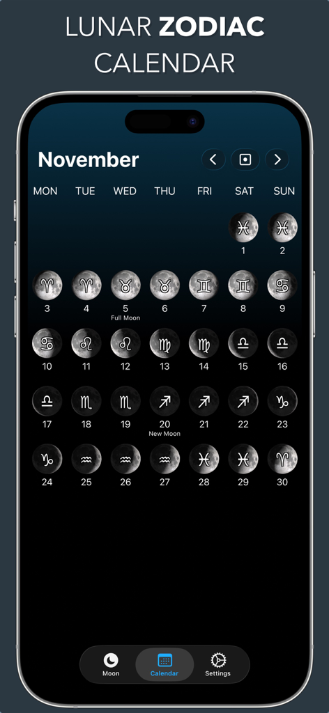Lunar - Moon Phase & Widget - 11月の月相と占星術の星座を表示するLunar Zodiacカレンダー