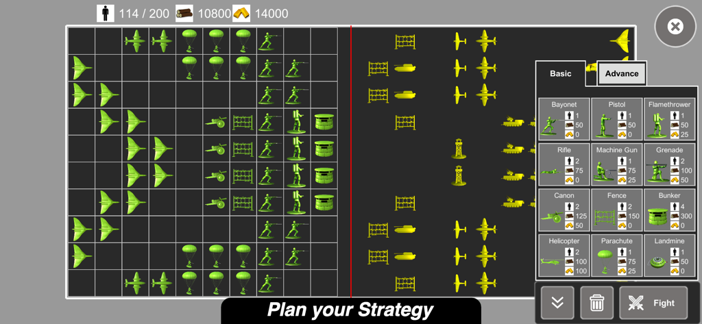 Army Men Battle Simulator - Top down grid view of unit placement in Army Men Battle Simulator with a menu of toy soldiers and military vehicles