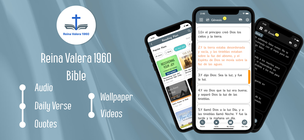 Interfaz de la aplicación Reina Valera 1960 Bible mostrando las escrituras y planes de lectura.