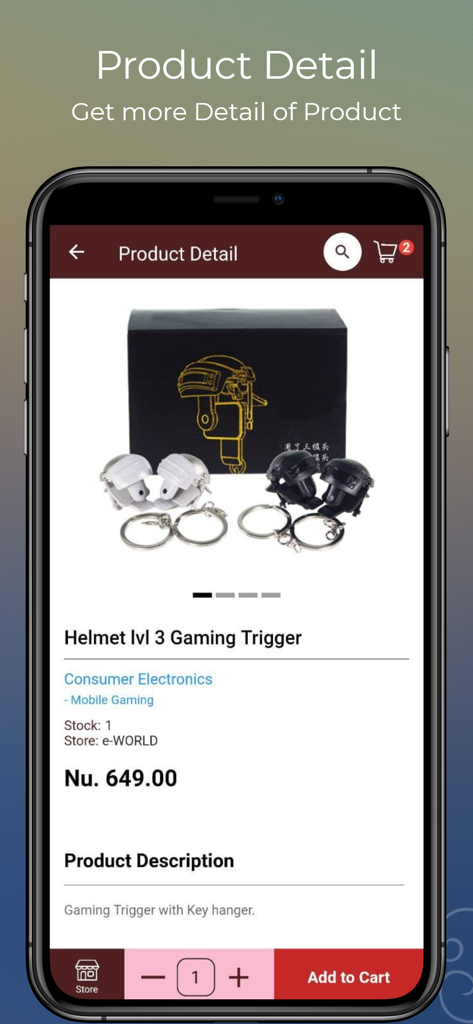 Zala bt app product detail screen showing a mobile gaming helmet trigger with price and description