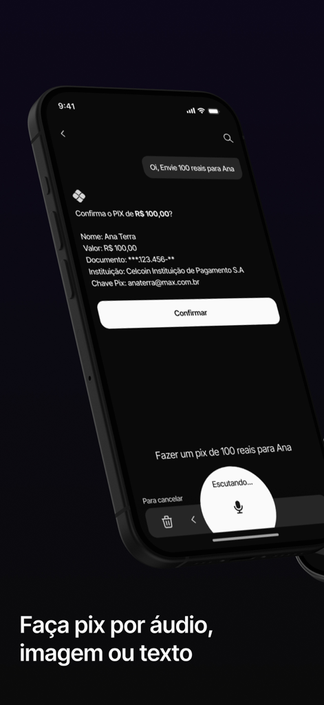Max: Banco digital 100% por IA - Smartphone screen showing the Max digital bank app using conversational AI to confirm a money transfer via voice command.